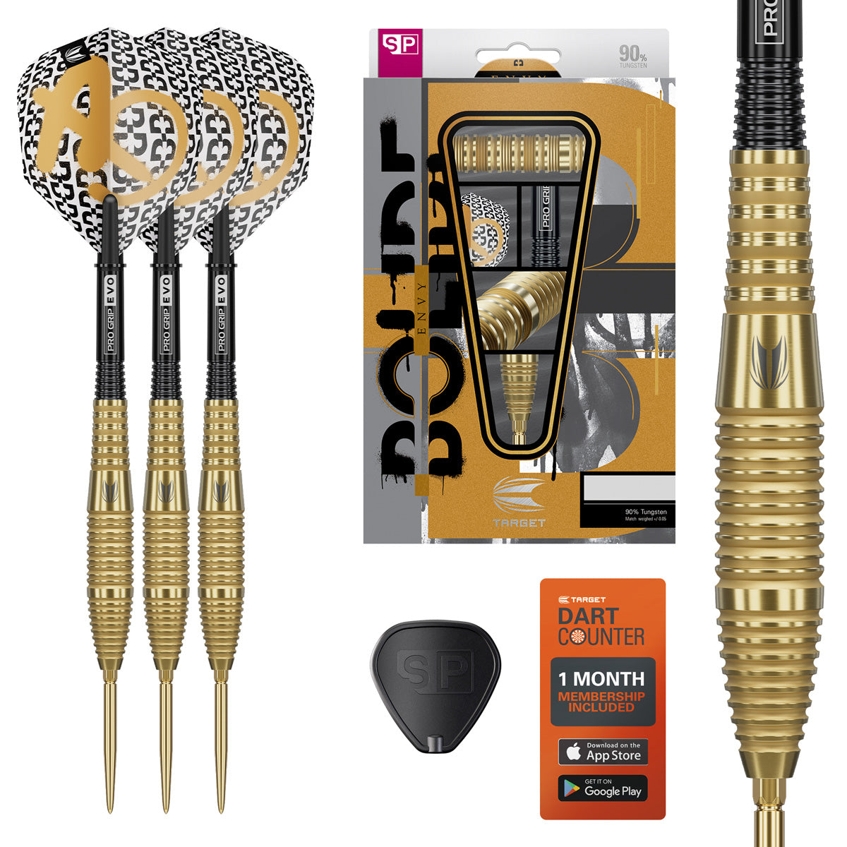 Bolide Envy 05 SP Steel Tip Darts main product image showing the darts, packaging, flights, shafts, and included accessories