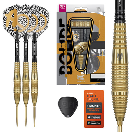 Bolide Envy 05 SP Steel Tip Darts main product image showing the darts, packaging, flights, shafts, and included accessories