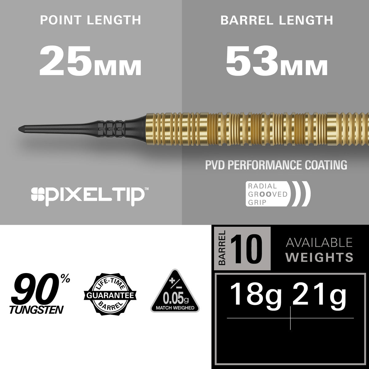 Bolide Envy 10 Soft Tip Darts specifications image showing barrel dimensions, weight, and technical details