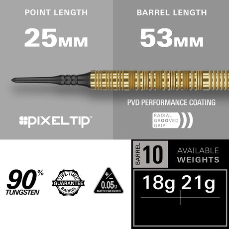 Bolide Envy 10 Soft Tip Darts specifications image showing barrel dimensions, weight, and technical details