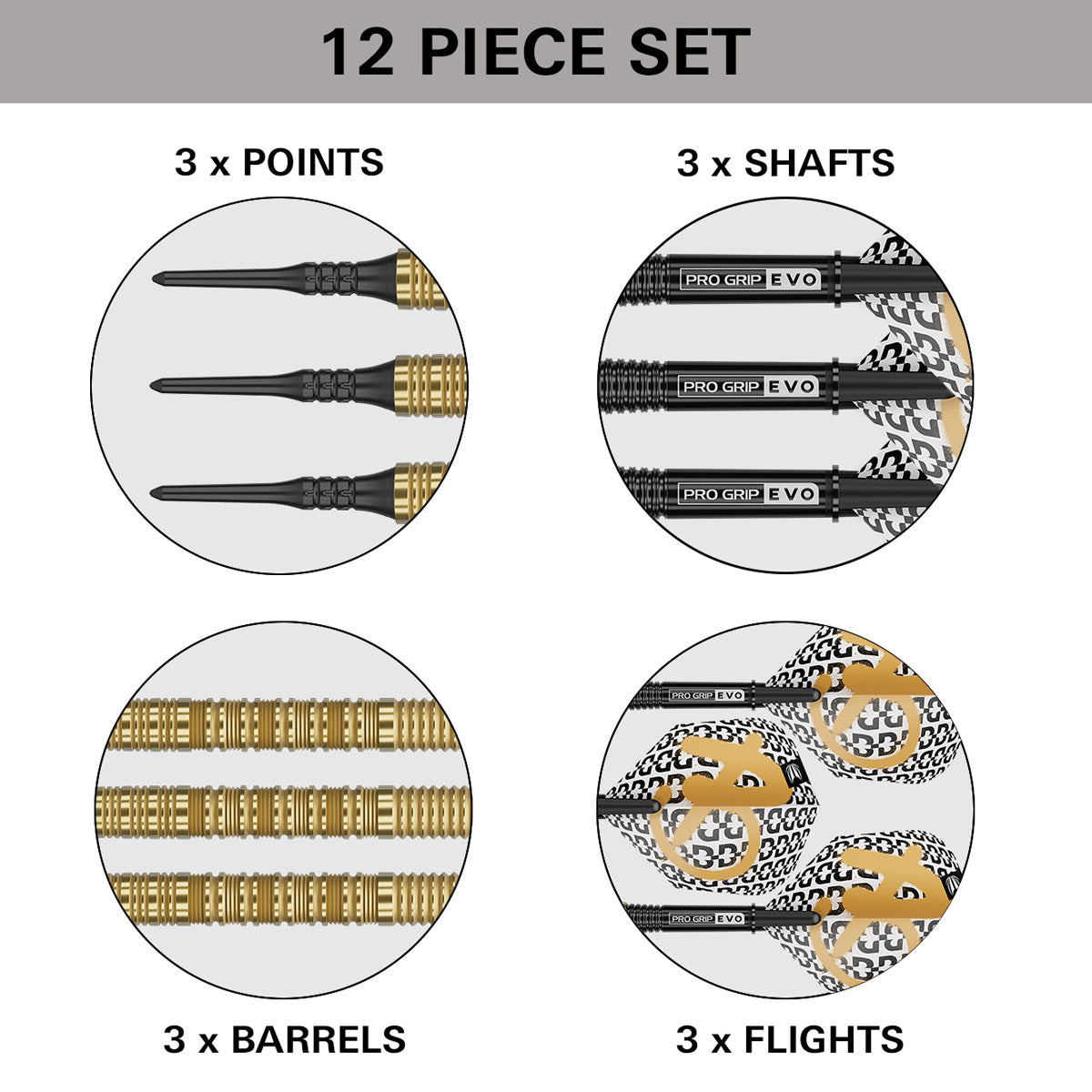 Bolide Envy 10 Soft Tip Darts contents image displaying everything included inside the box