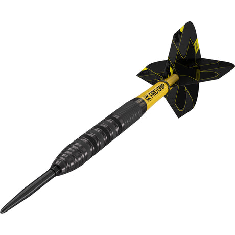 Bolide Void 01 SP Steel Tip Darts angled close up image highlighting the barrel grip and black performance coating