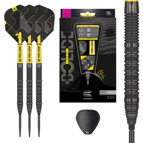Bolide Void 01 SP Steel Tip Darts main product image showing the darts, presentation box, flights, shafts, and supplied accessories
