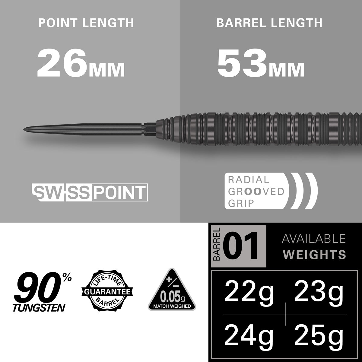 Bolide Void 01 SP Steel Tip Darts specifications image displaying barrel dimensions and technical dart information