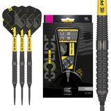Bolide Void 02 90% Tungsten SP Steel Tip Darts main product image showing the darts, presentation box, flights, shafts, and included accessories