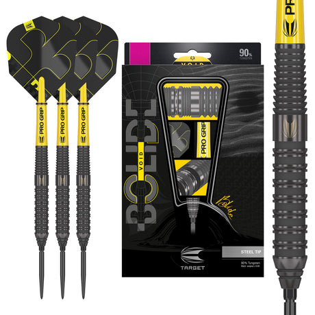 Bolide Void 02 90% Tungsten SP Steel Tip Darts main product image showing the darts, presentation box, flights, shafts, and included accessories