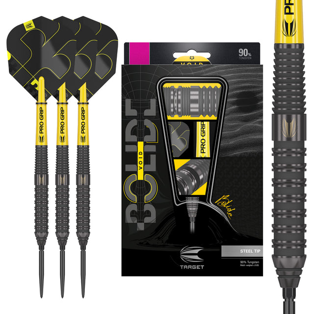 Bolide Void 02 90% Tungsten SP Steel Tip Darts main product image showing the darts, presentation box, flights, shafts, and included accessories