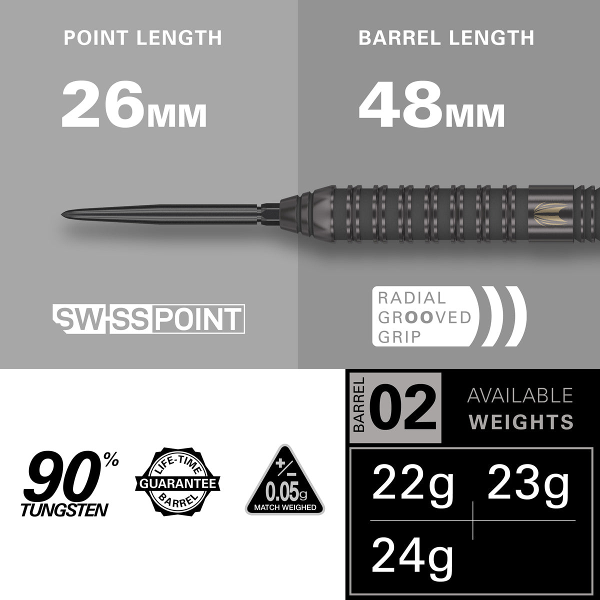 Bolide Void 02 90% Tungsten SP Steel Tip Darts technical specifications image with barrel dimensions and weight details