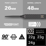 Bolide Void 02 90% Tungsten SP Steel Tip Darts technical specifications image with barrel dimensions and weight details
