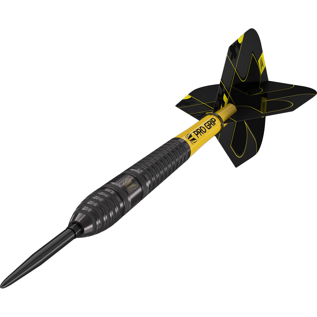 Bolide Void 03 SP Steel Tip Darts close up angle image highlighting the barrel grip and black performance coating