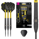 Bolide Void 03 SP Steel Tip Darts main product image showing the darts, presentation box, flights, shafts, and supplied accessories