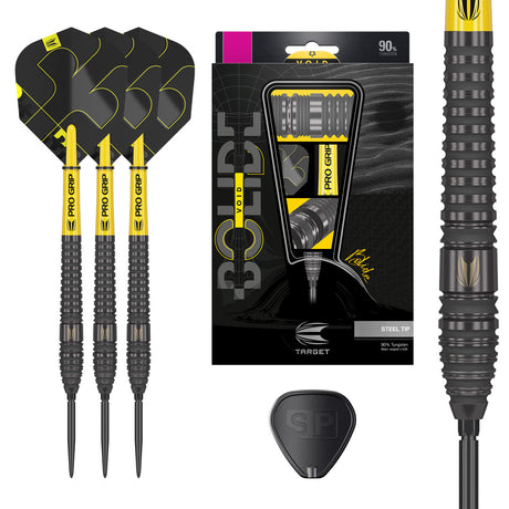 Bolide Void 03 SP Steel Tip Darts main product image showing the darts, presentation box, flights, shafts, and supplied accessories