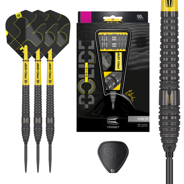 Bolide Void 03 SP Steel Tip Darts main product image showing the darts, presentation box, flights, shafts, and supplied accessories