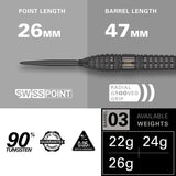 Bolide Void 03 SP Steel Tip Darts specifications image displaying barrel dimensions and technical dart information