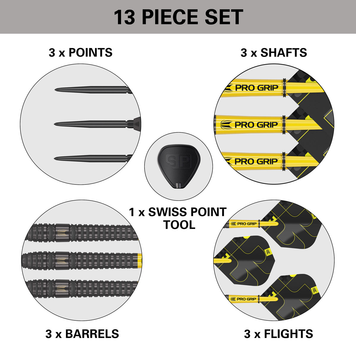 Bolide Void 03 SP Steel Tip Darts contents image displaying all included accessories and components inside the box