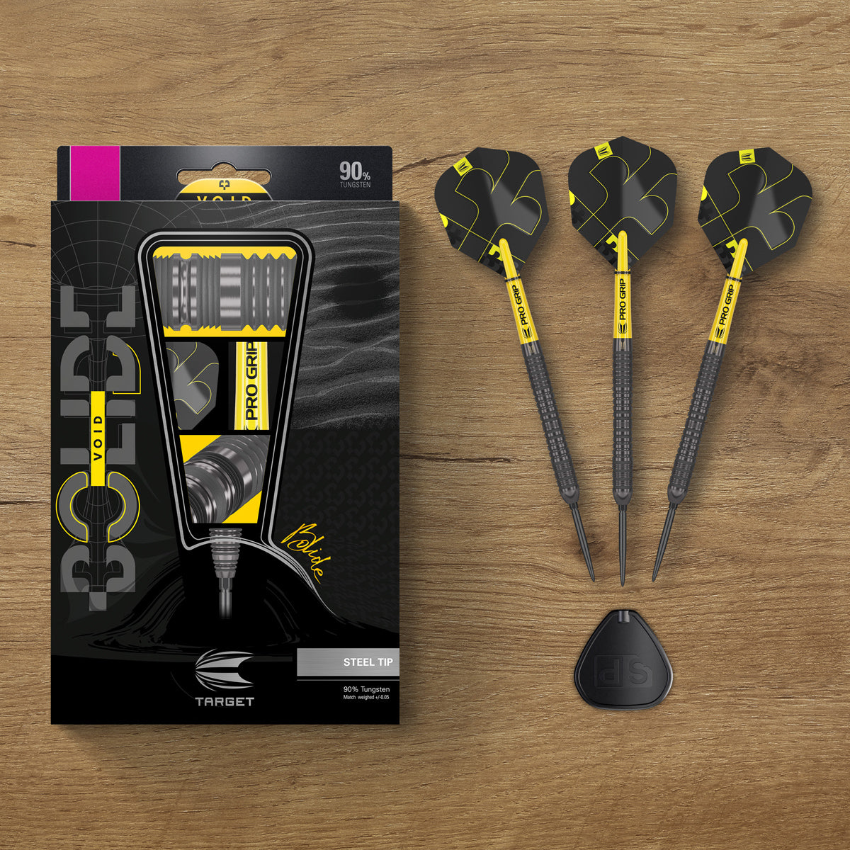 Bolide Void 04 SP Steel Tip Darts lifestyle image featuring the darts in a premium modern playing setup