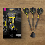 Bolide Void 04 SP Steel Tip Darts lifestyle image featuring the darts in a premium modern playing setup