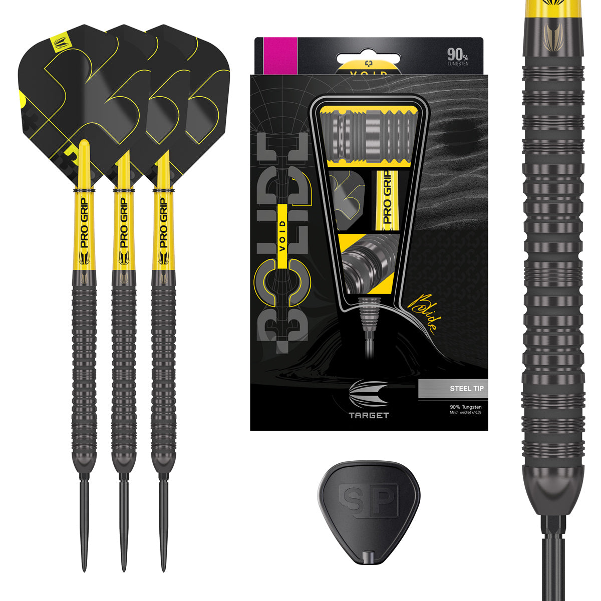 Bolide Void 04 SP Steel Tip Darts main product image showing the darts, presentation box, flights, shafts, and supplied accessories