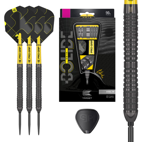Bolide Void 04 SP Steel Tip Darts main product image showing the darts, presentation box, flights, shafts, and supplied accessories