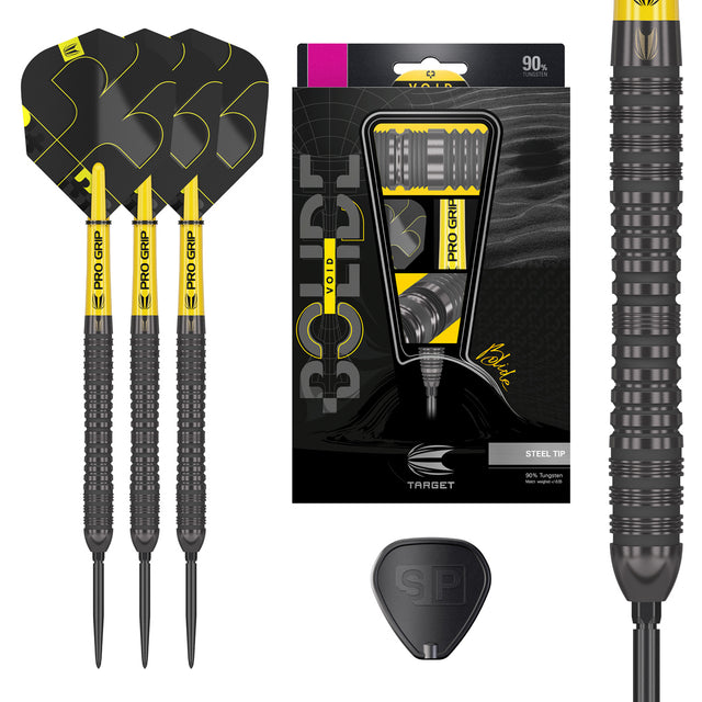 Bolide Void 04 SP Steel Tip Darts main product image showing the darts, presentation box, flights, shafts, and supplied accessories