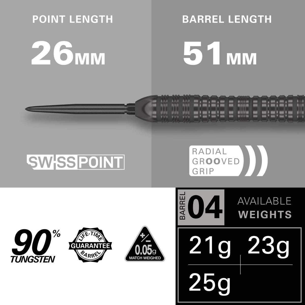 Bolide Void 04 SP Steel Tip Darts specifications image displaying barrel dimensions and technical dart information