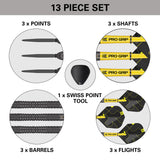 Bolide Void 04 SP Steel Tip Darts contents image displaying all included accessories and components inside the box