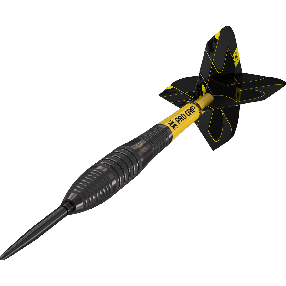 Bolide Void 05 SP Steel Tip Darts close up angle image highlighting the barrel grip and black performance coating