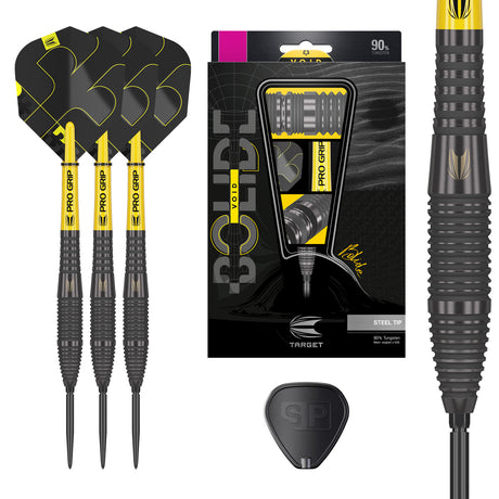 Bolide Void 05 SP Steel Tip Darts main product image showing the darts, presentation box, flights, shafts, and supplied accessories
