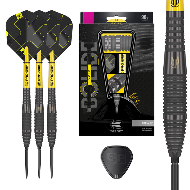 Bolide Void 05 SP Steel Tip Darts main product image showing the darts, presentation box, flights, shafts, and supplied accessories