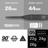 Bolide Void 05 SP Steel Tip Darts specifications image displaying barrel dimensions and technical dart information