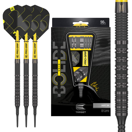 Bolide Void 10 Soft Tip Darts main product image showing the darts, packaging, flights, shafts, and included accessories