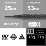 Bolide Void 10 Soft Tip Darts specifications image showing barrel dimensions, weight, and technical details