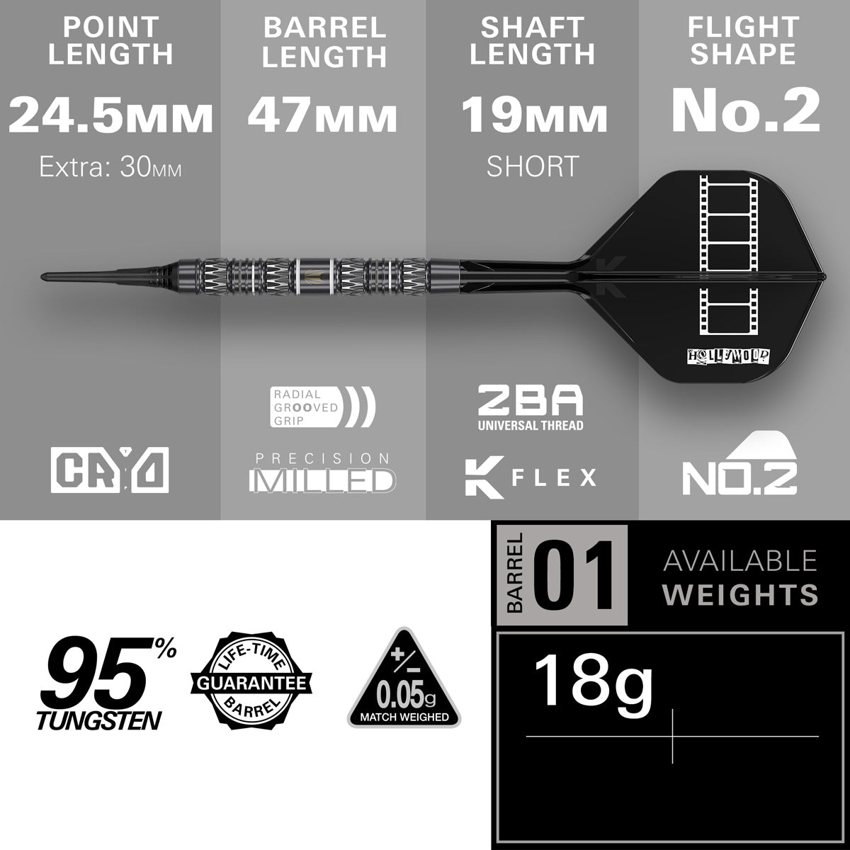 Chris Dobey 95K Soft Tip Darts specifications image showing barrel dimensions, weight, and technical details