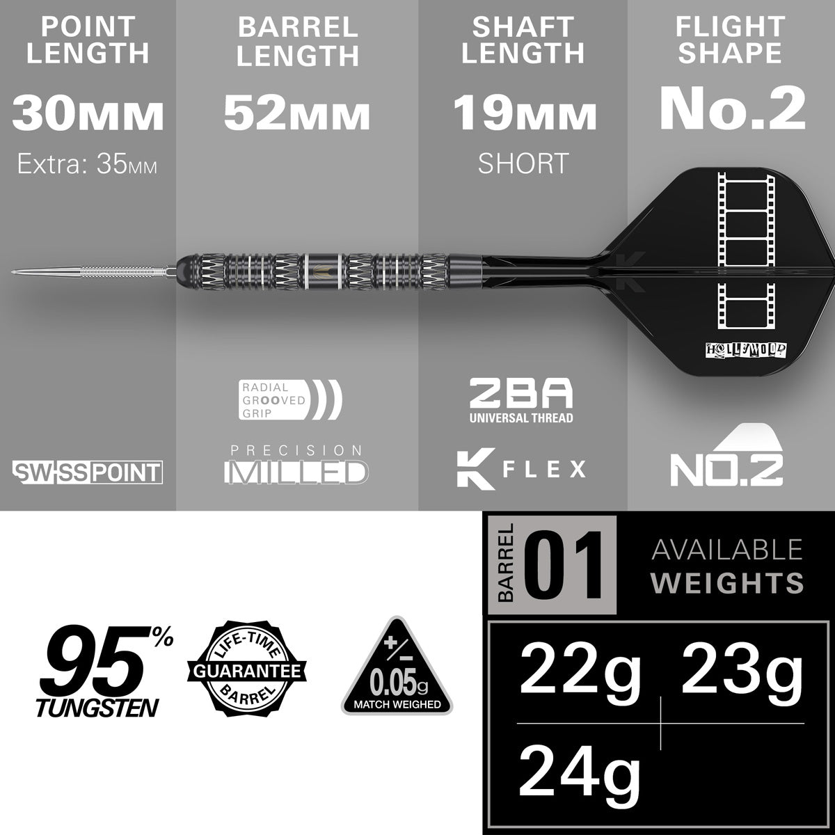Chris Dobey 95K Steel Tip Darts specifications image showing barrel dimensions, weight, and technical details