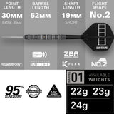 Chris Dobey 95K Steel Tip Darts specifications image showing barrel dimensions, weight, and technical details
