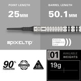 Chris Dobey G1 Soft Tip Darts specifications image showing barrel dimensions, weight, and technical details