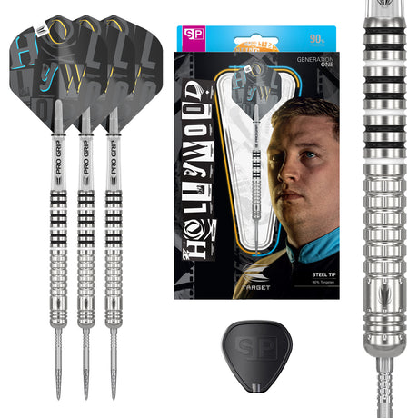 Chris Dobey G1 SP Steel Tip Darts main product image showing the darts, presentation box, flights, shafts, and supplied accessories