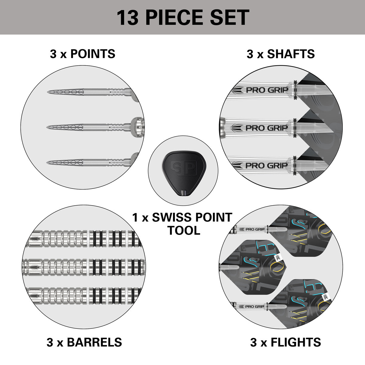 Chris Dobey G1 SP Steel Tip Darts contents image displaying the included accessories and components inside the box