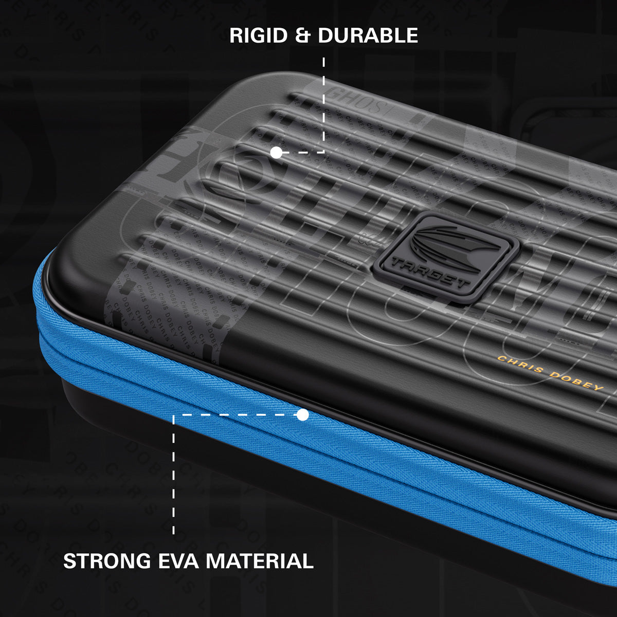 Target Chris Dobey Takoma Ghost XL Dart Case image highlighting the external materials, zip, handle, branding, and protective construction