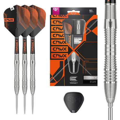 Crux 03 Steel Tip Darts main product image showing the darts, packaging, flights, shafts, and included accessories