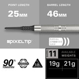 Crux 11 Soft Tip Darts specifications image showing barrel dimensions, weight, and technical details