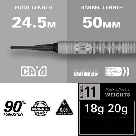Cryo 11 Soft Tip Darts specifications image showing barrel dimensions, weight, and technical details