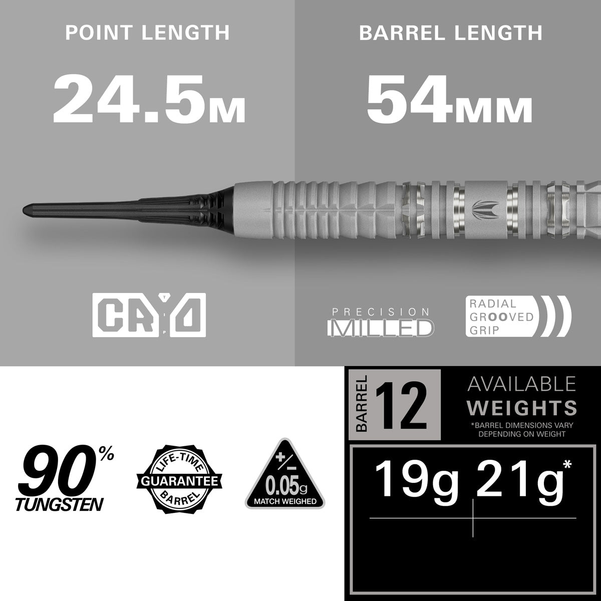 Cryo 12 Soft Tip Darts specifications image showing barrel dimensions, weight, and technical details