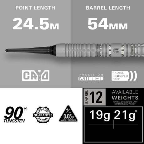 Cryo 12 Soft Tip Darts specifications image showing barrel dimensions, weight, and technical details