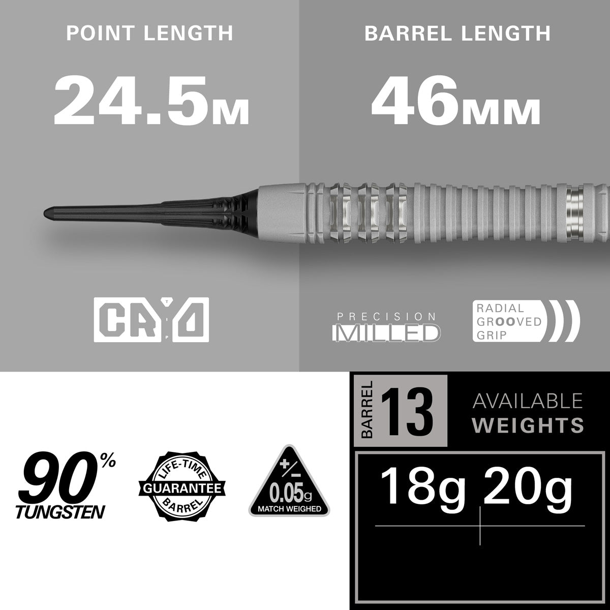 Cryo 13 Soft Tip Darts specifications image showing barrel dimensions, weight, and technical details