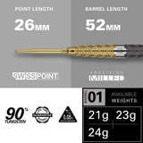 Cult Envy 01 Steel Tip Darts specifications image showing barrel dimensions, weight, and technical details