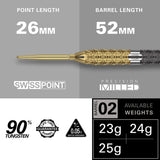 Cult Envy 02 Steel Tip Darts specifications image showing barrel dimensions, weight, and technical details