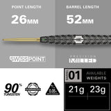 Cult SP01 Steel Tip Darts specifications image showing barrel dimensions, weight, and technical details