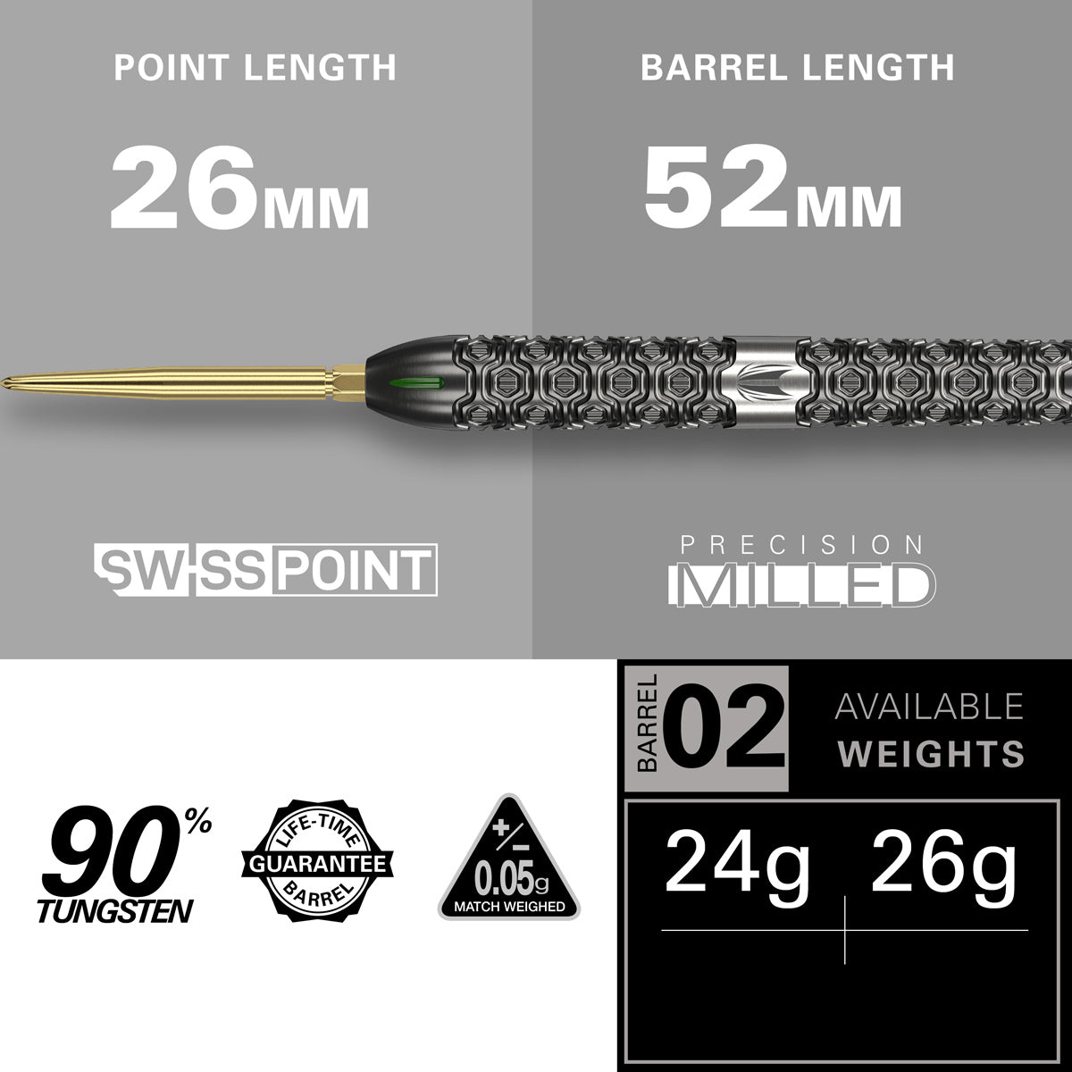 Cult SP02 Steel Tip Darts specifications image showing barrel dimensions, weight, and technical details