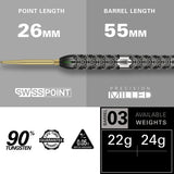 Cult SP03 Steel Tip Darts specifications image showing barrel dimensions, weight, and technical details